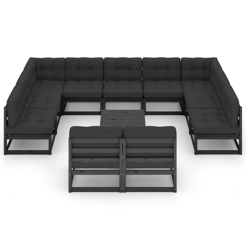 12-tlg. Garten-Lounge-Set mit Kissen Schwarz Kiefer Massivholz